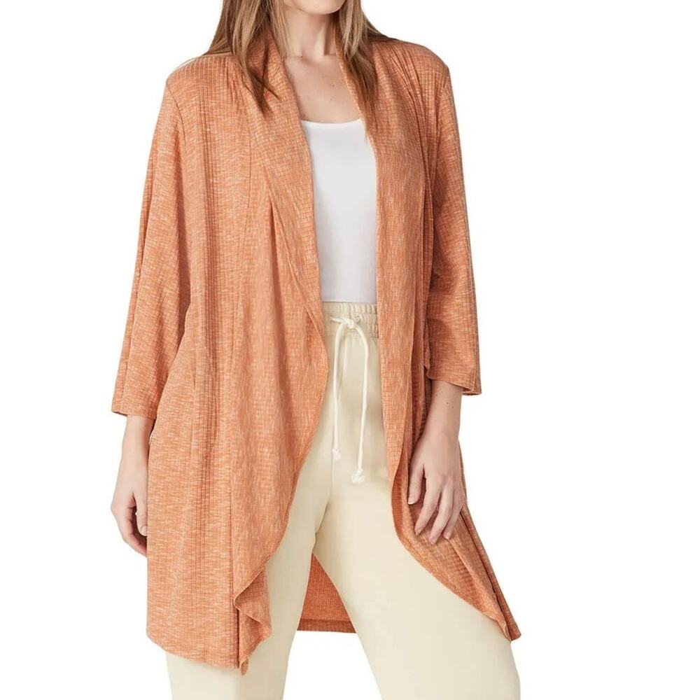 B Collection by Bobeau Ribbed 3/4 Sleeve Open Front Draped Womens Cardigan XS